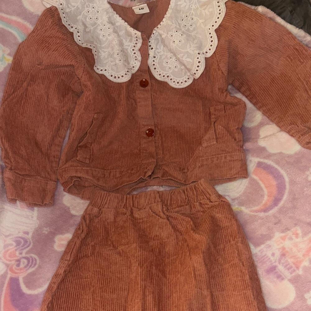 Kids Corduroy Matching Set with Lace Collar